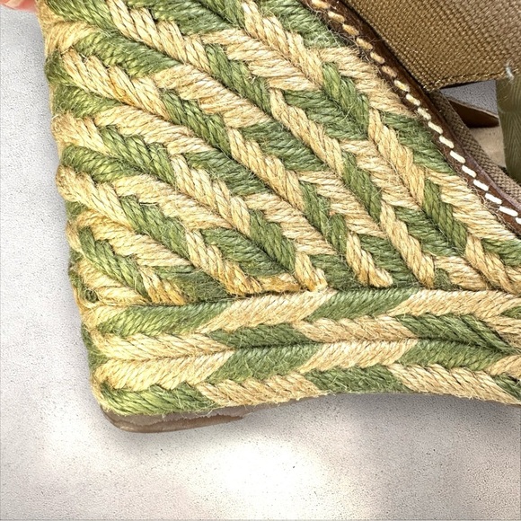 Tory Burch Espadrille Linley Wedge Sandals Brown Canvas with Green/Tan Jute 8M - Picture 13 of 16